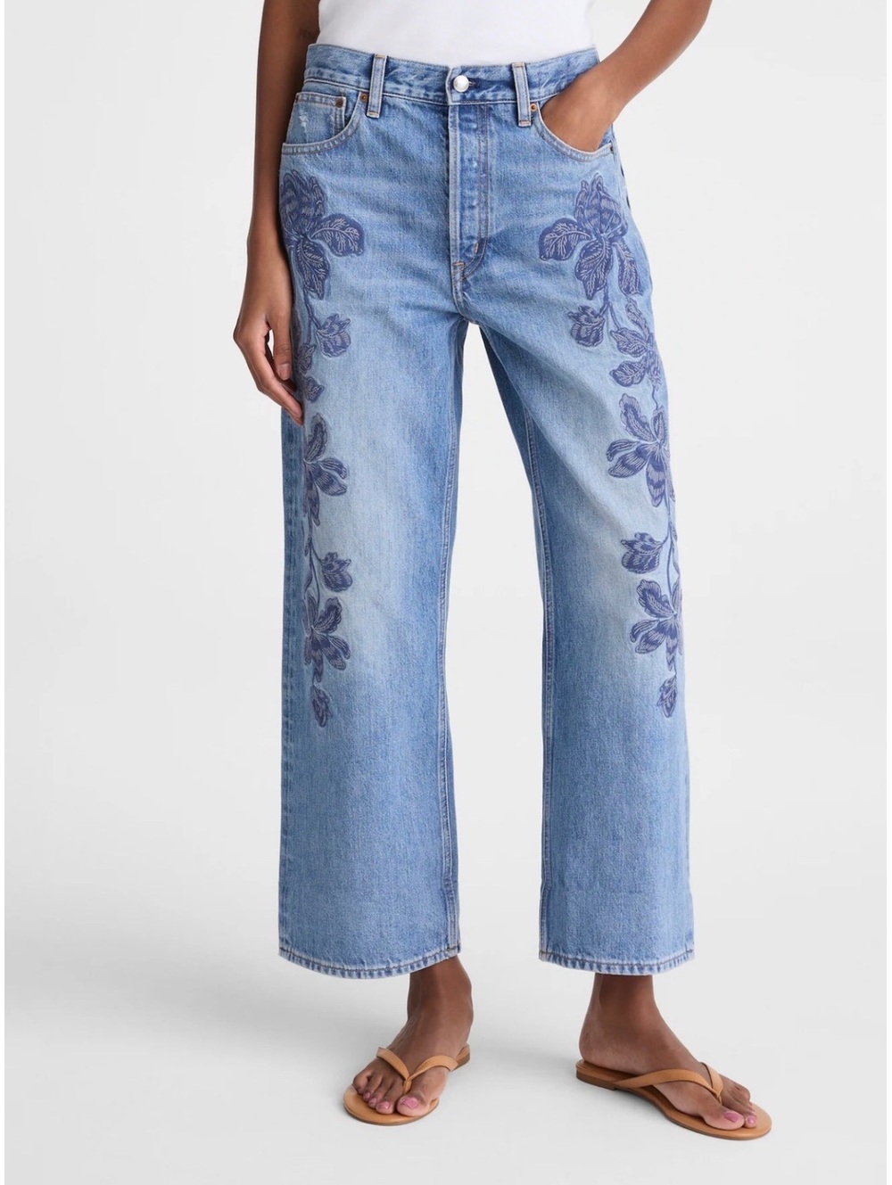 Madewell Embroidered Low Slung Baggy Crop Jeans Floral Wide Leg W33 NWT OA121